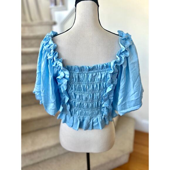 Glam Light Blue Satin Gathered Ruched Ruffle Puff Sleeve Cropped Top Regency - Picture 4 of 7